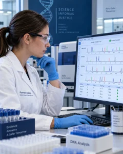 Forensic scientist reviewing DNA electropherogram results on a laboratory computer