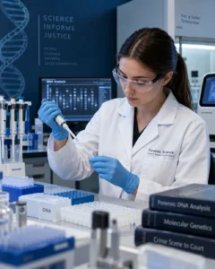Forensic scientist pipetting DNA samples in a molecular forensic laboratory