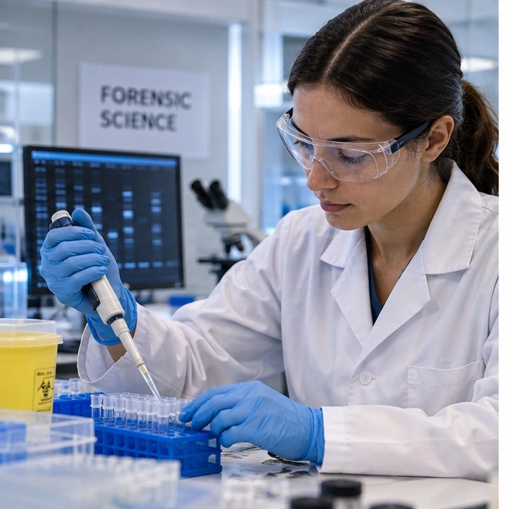 Forensic laboratory professional performing DNA analysis in a modern forensic science laboratory
