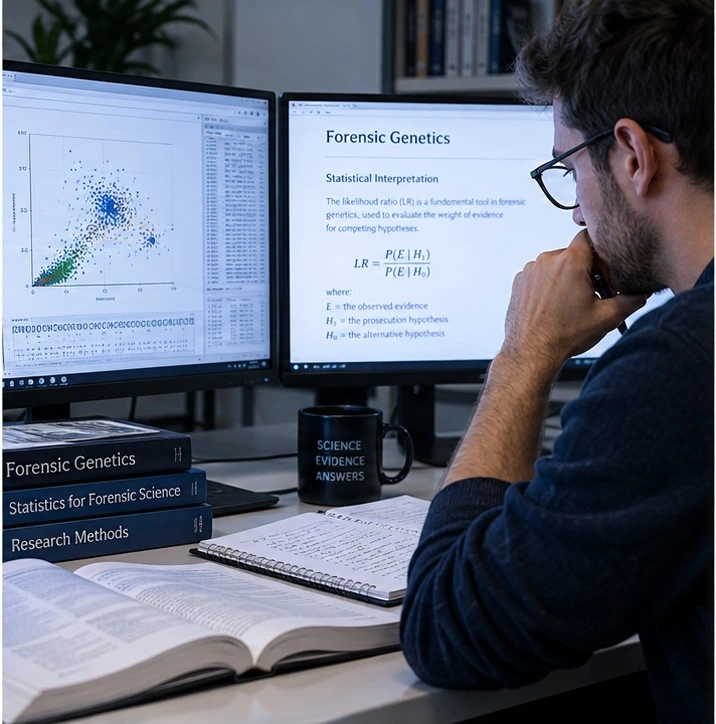Forensic researcher analysing genetic data and statistical results on laboratory computers