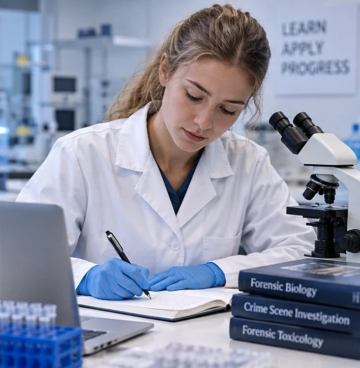 Forensic science student recording observations during practical laboratory training