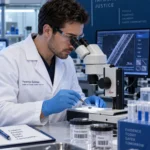 Forensic scientist examining trace evidence under a laboratory microscope